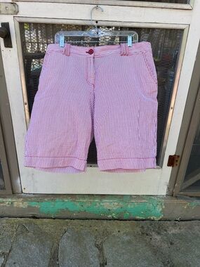 LOFT Red and White Striped Seersucker Bermuda Shorts